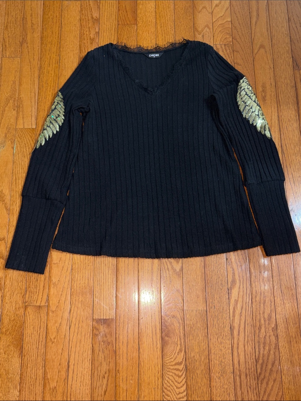 Chicme Black Ribbed V-Neck Lace-Trim Sweater